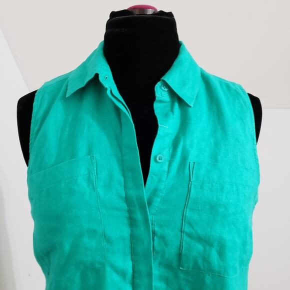Chico's Green Sleeveless 100% Linen Button Front Blouse Medium Petite - Picture 2 of 11